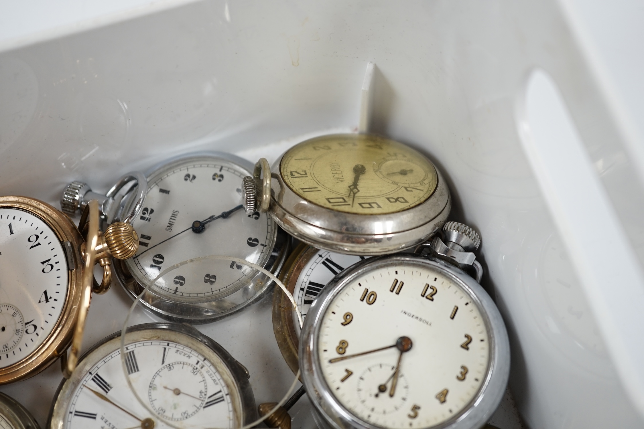 Thirteen assorted base metal or gold plated pocket watches, including two Waltham and a Stayte half hunter, together with a pocket watch case, stopwatch and a 935 white metal open face pocket watch, by Watts of Nottingha